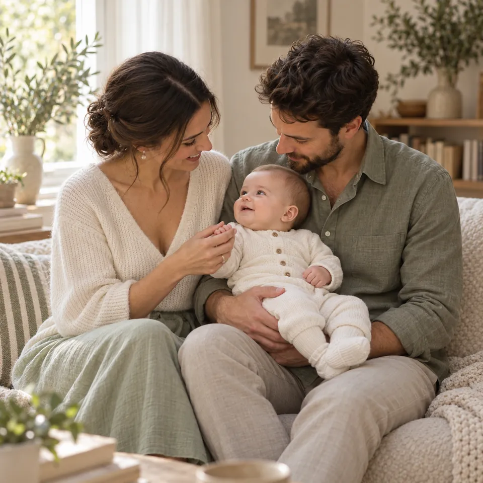 Familie tânără cu un bebeluș, lângă fereastră.