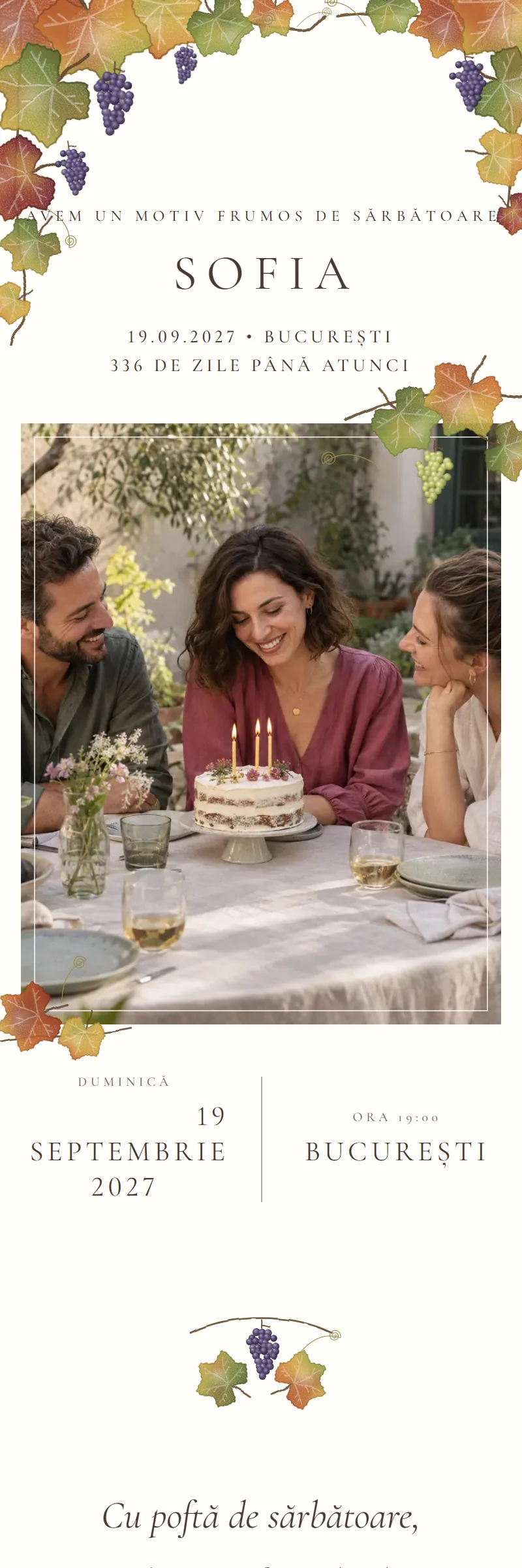 Invitație online de Aniversare importantă, modelul Vița de Toamnă