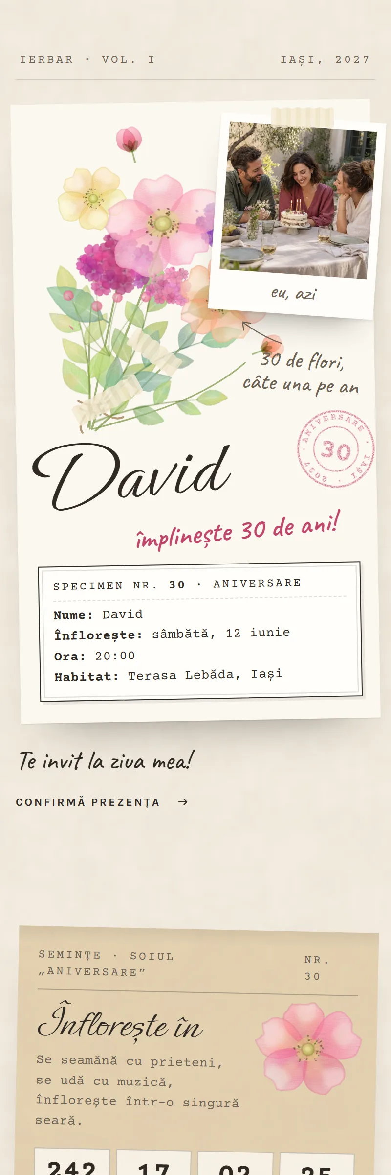 Invitație online de Aniversare importantă, modelul Planșa Botanică