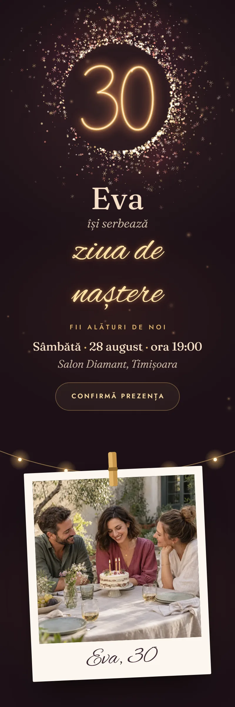 Invitație online de Aniversare importantă, modelul Artificii de Tort