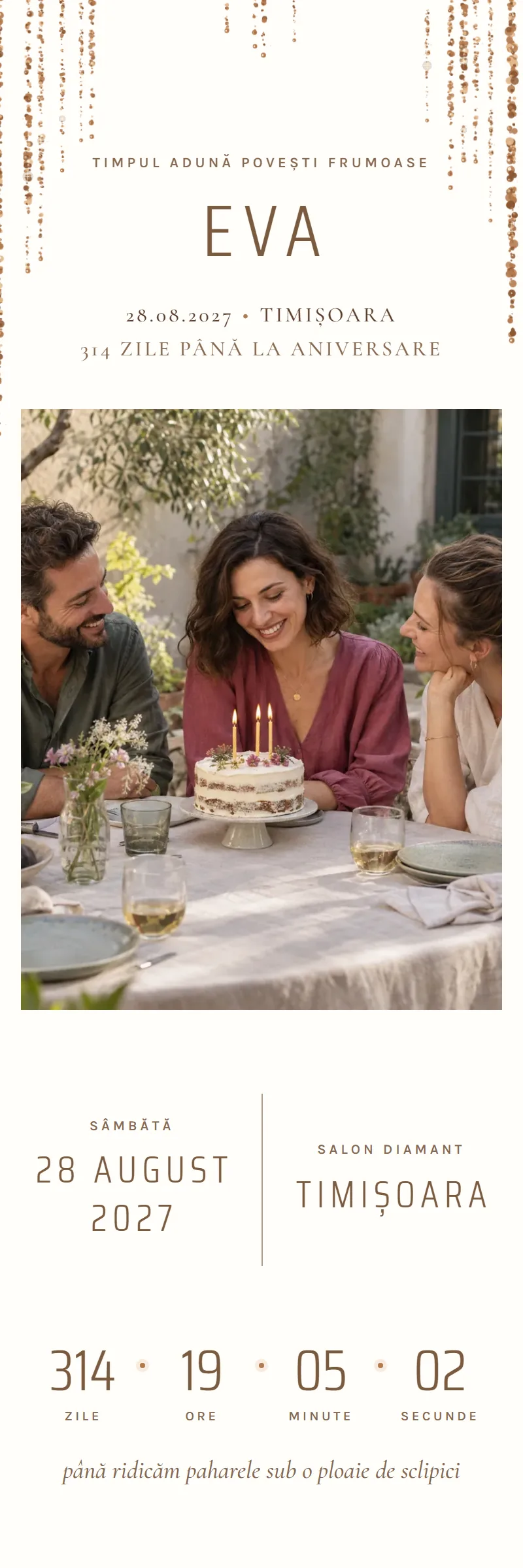 Invitație online de Aniversare importantă, modelul Cascada de Aramă