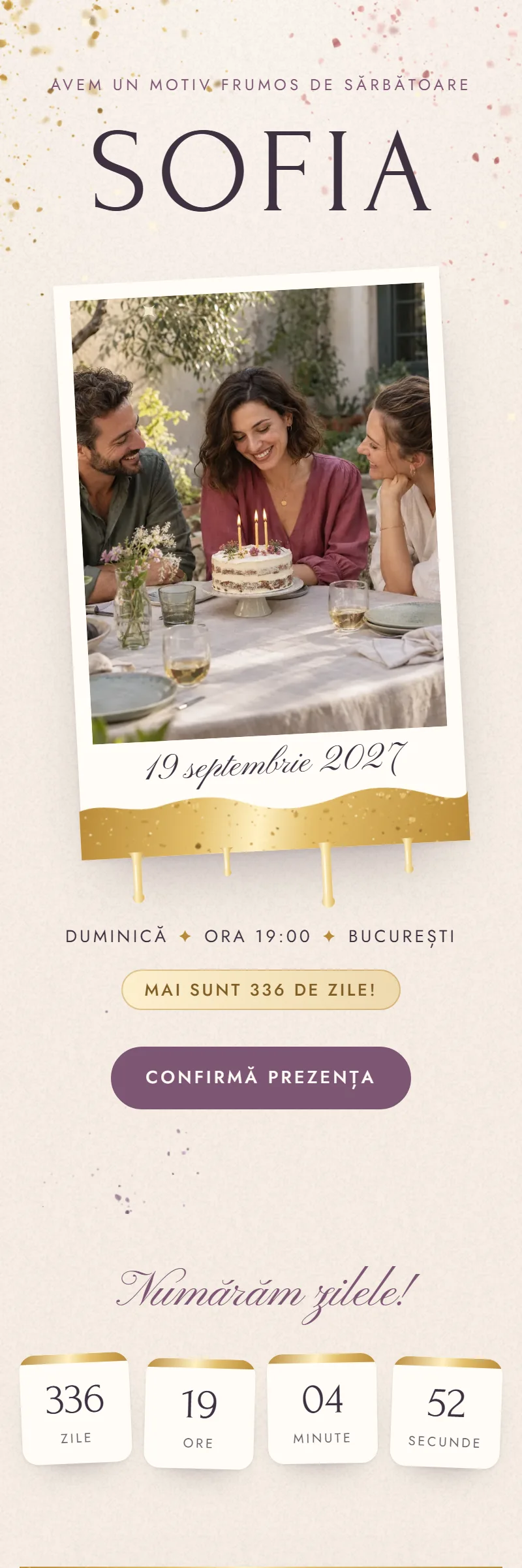 Invitație online de Aniversare importantă, modelul Polaroidul Aurit