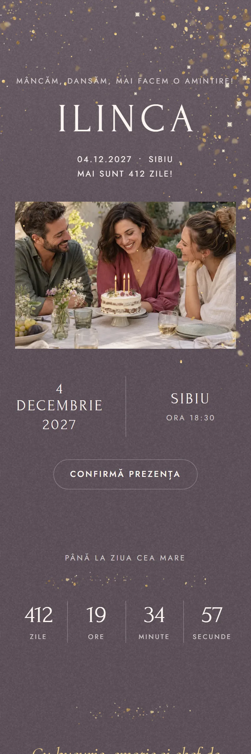 Invitație online de Aniversare importantă, modelul Foițe de Aur