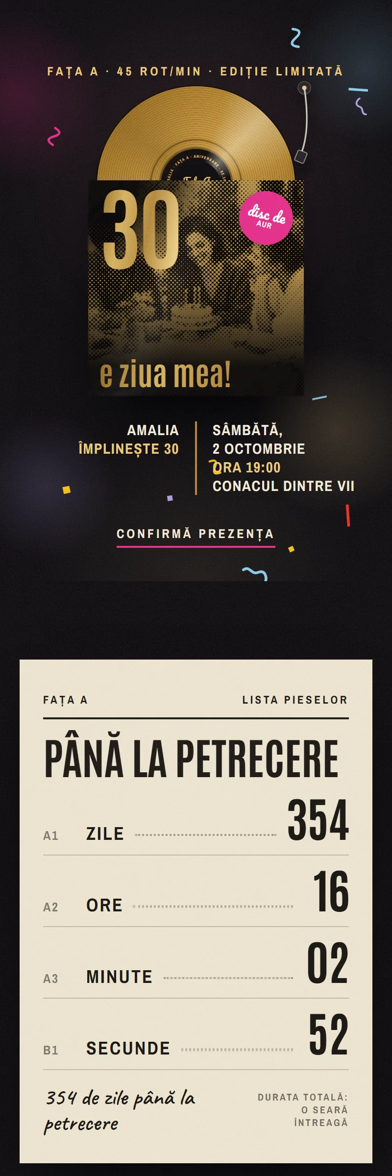 Invitație online de Aniversare importantă, modelul Discul de Aur