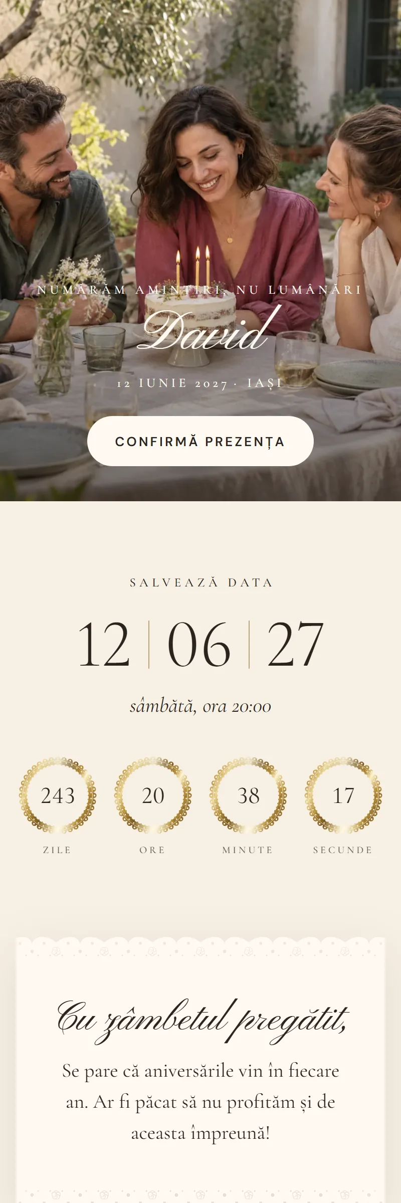 Invitație online de Aniversare importantă, modelul Fereastra de Dantelă
