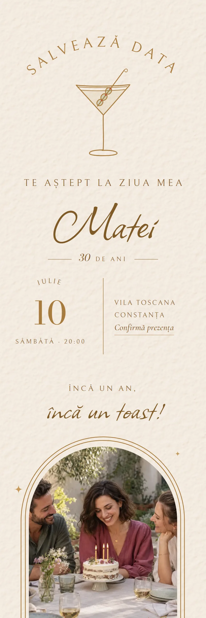 Invitație online de Aniversare importantă, modelul Martini cu Măsline