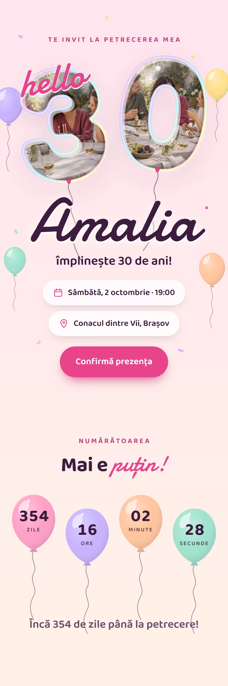 Invitație online de Aniversare importantă, modelul Baloane cu Poze