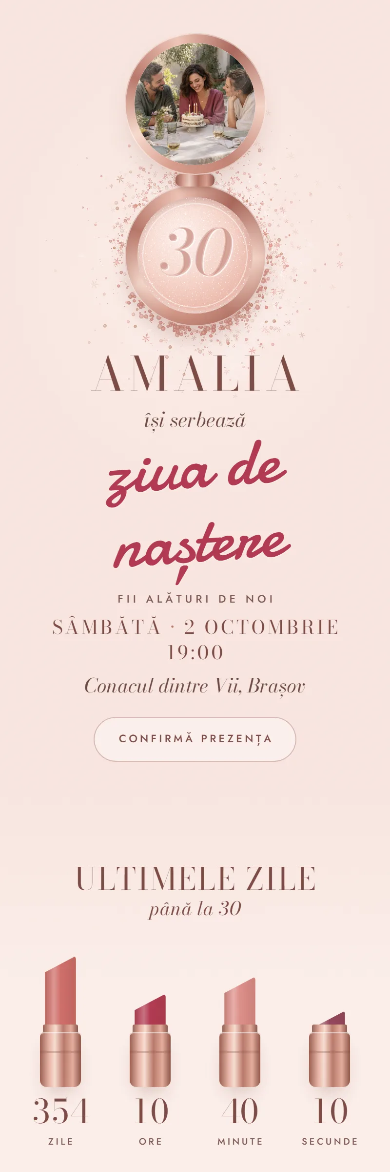 Invitație online de Aniversare importantă, modelul Pudriera