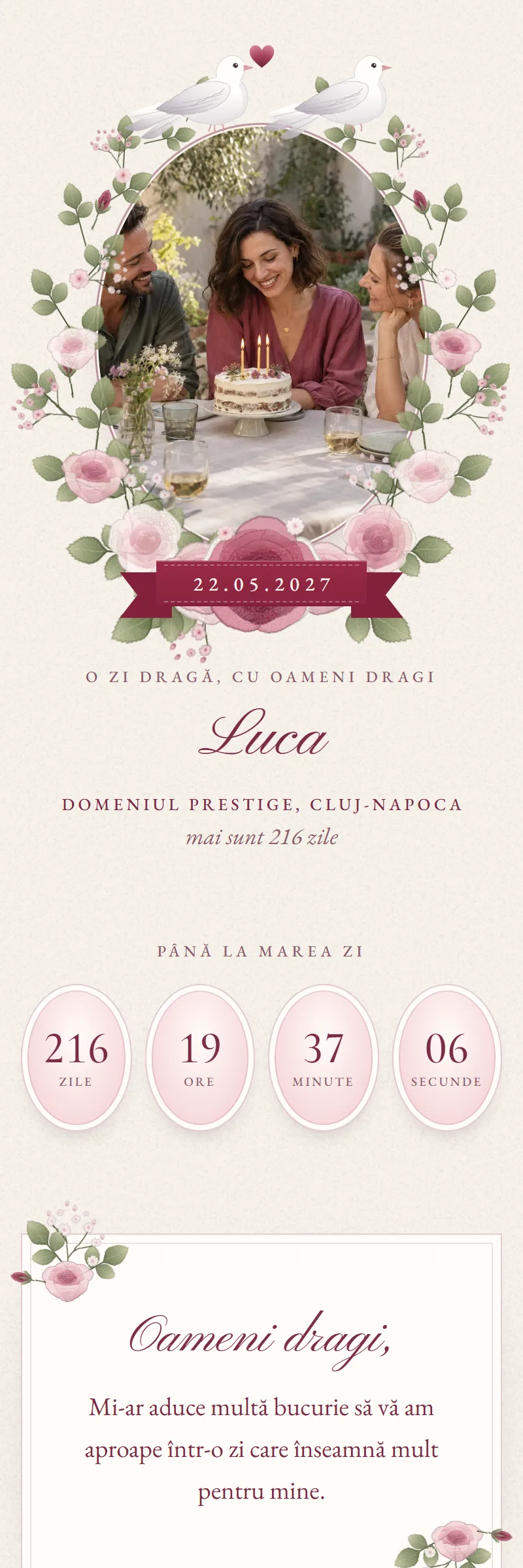 Invitație online de Aniversare importantă, modelul Medalionul cu Trandafiri