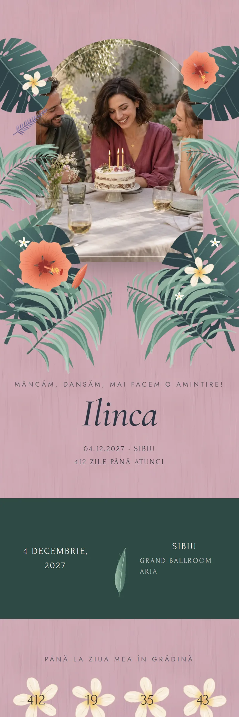 Invitație online de Aniversare importantă, modelul Grădina Tropicală