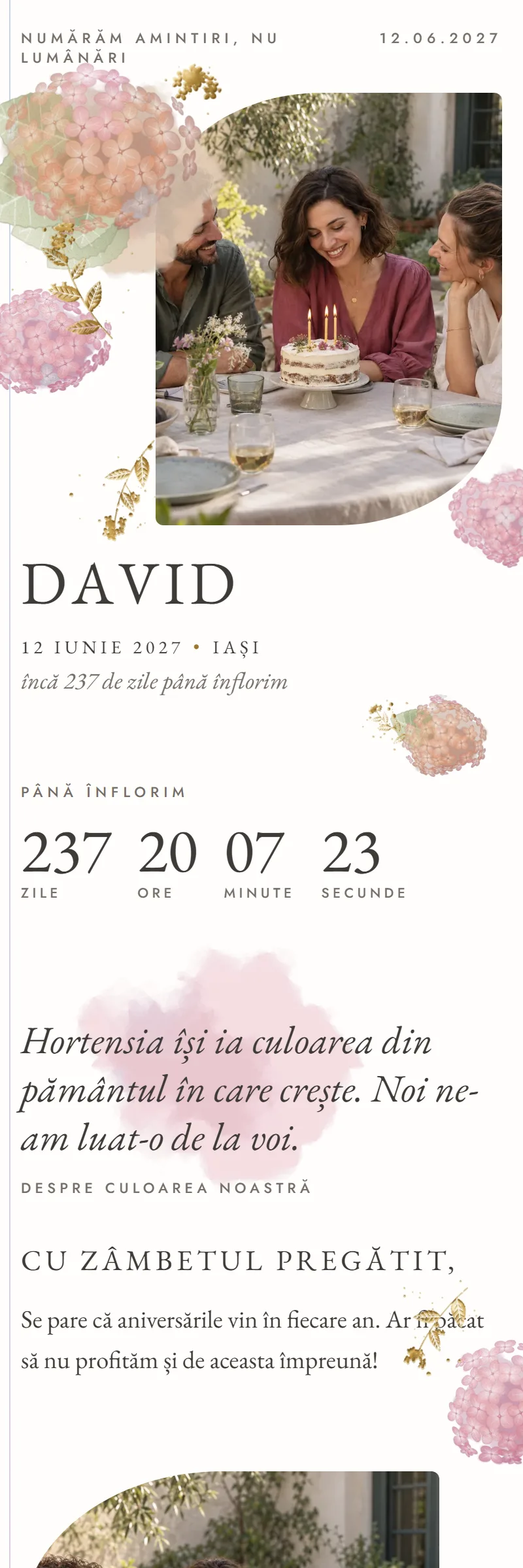 Invitație online de Aniversare importantă, modelul Hortensia Fermecată
