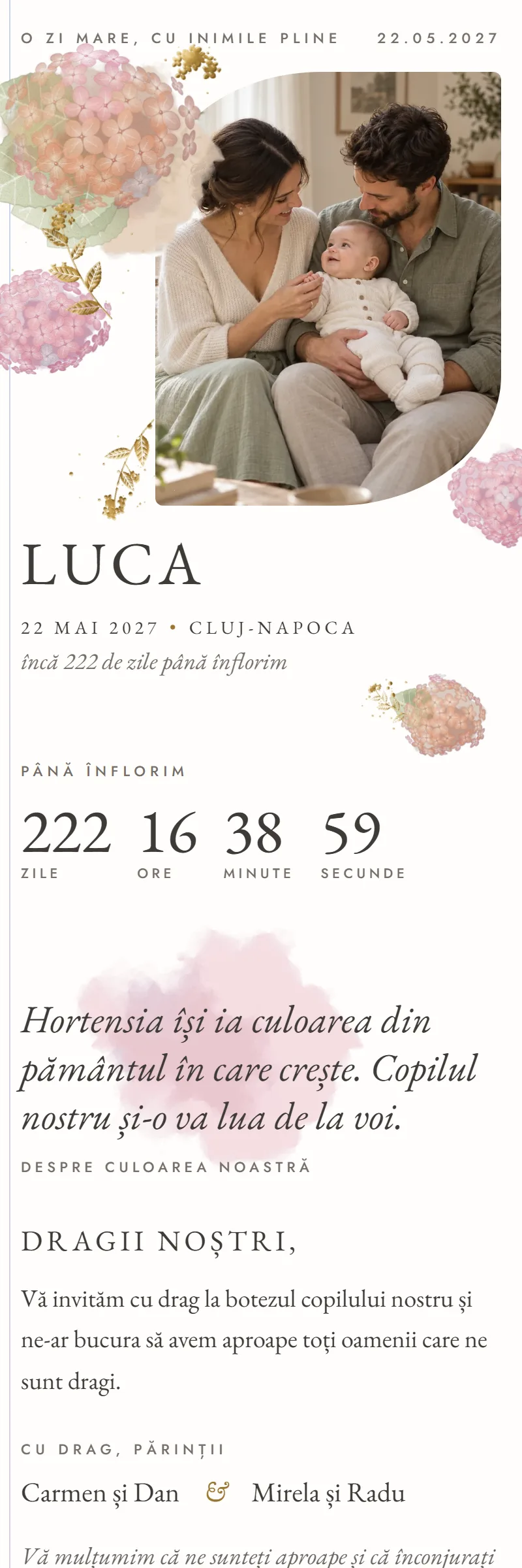 Invitație online de Botez, modelul Hortensia Fermecată