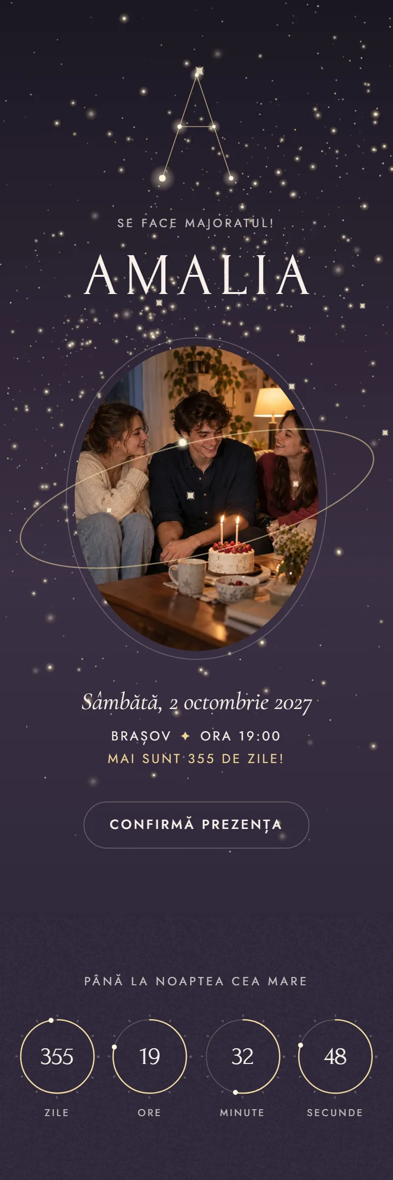 Invitație online de Majorat, modelul Astrolabul