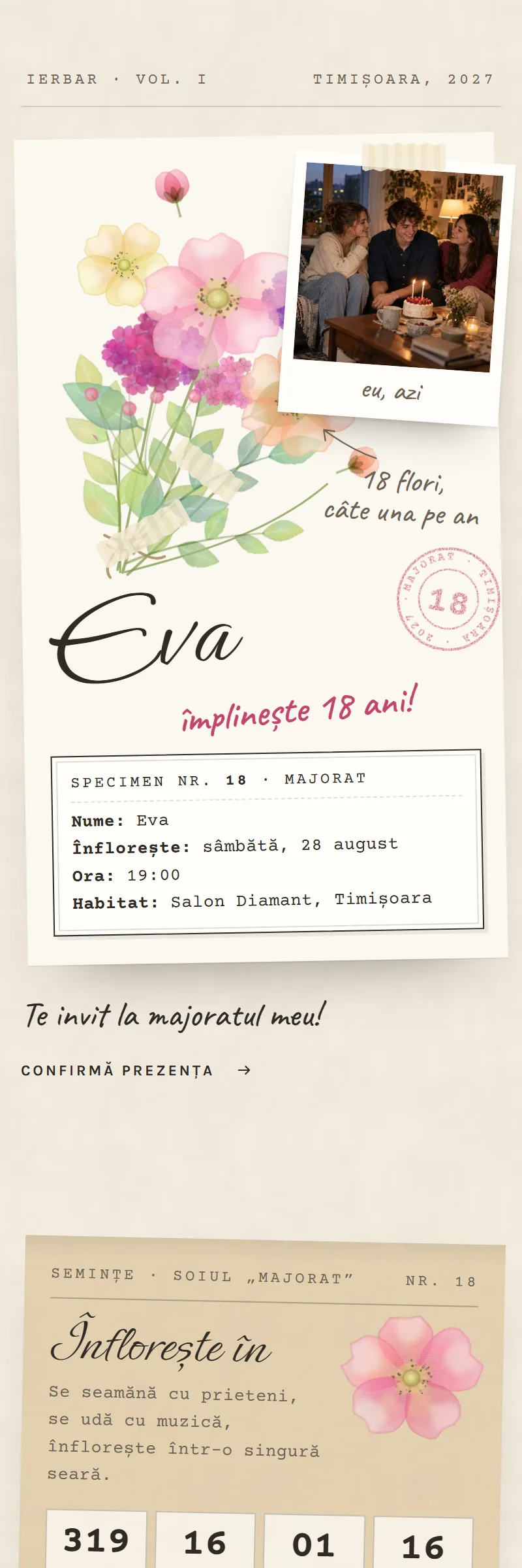 Invitație online de Majorat, modelul Planșa Botanică