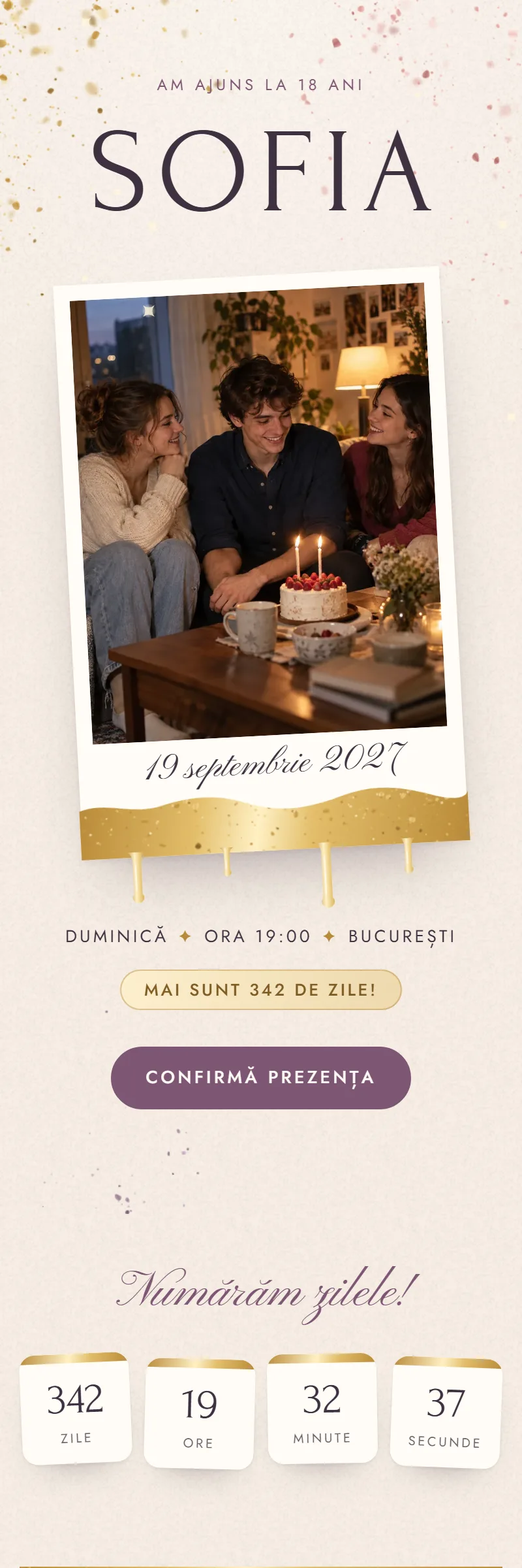 Invitație online de Majorat, modelul Polaroidul Aurit