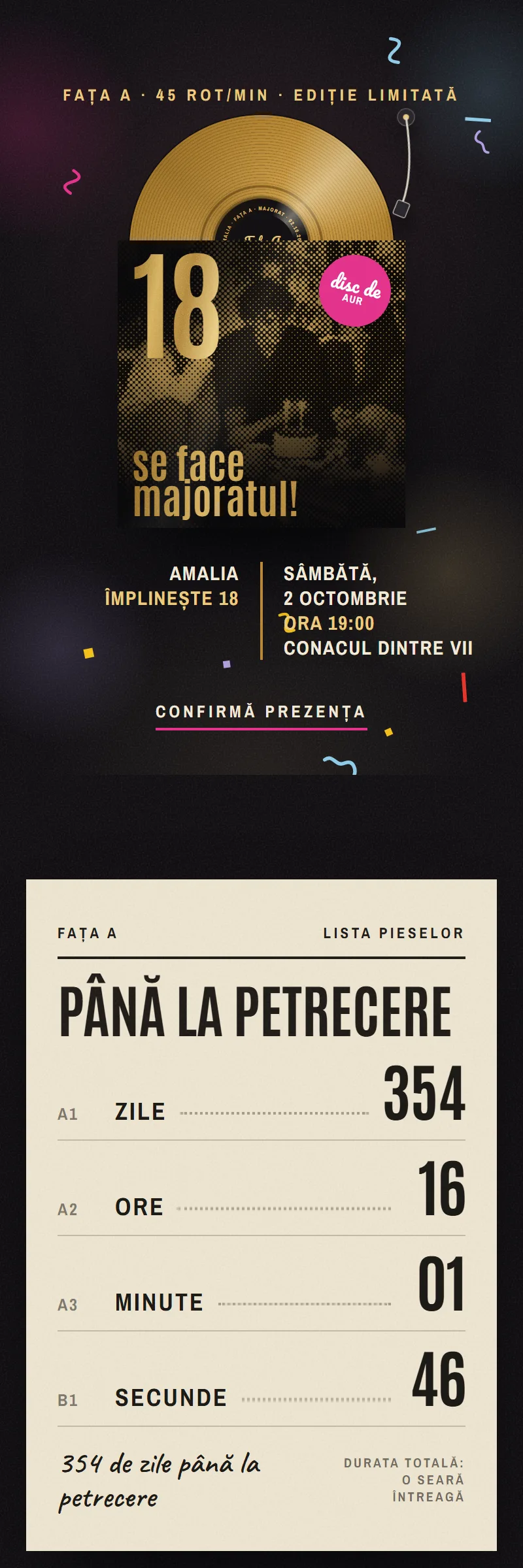 Invitație online de Majorat, modelul Discul de Aur