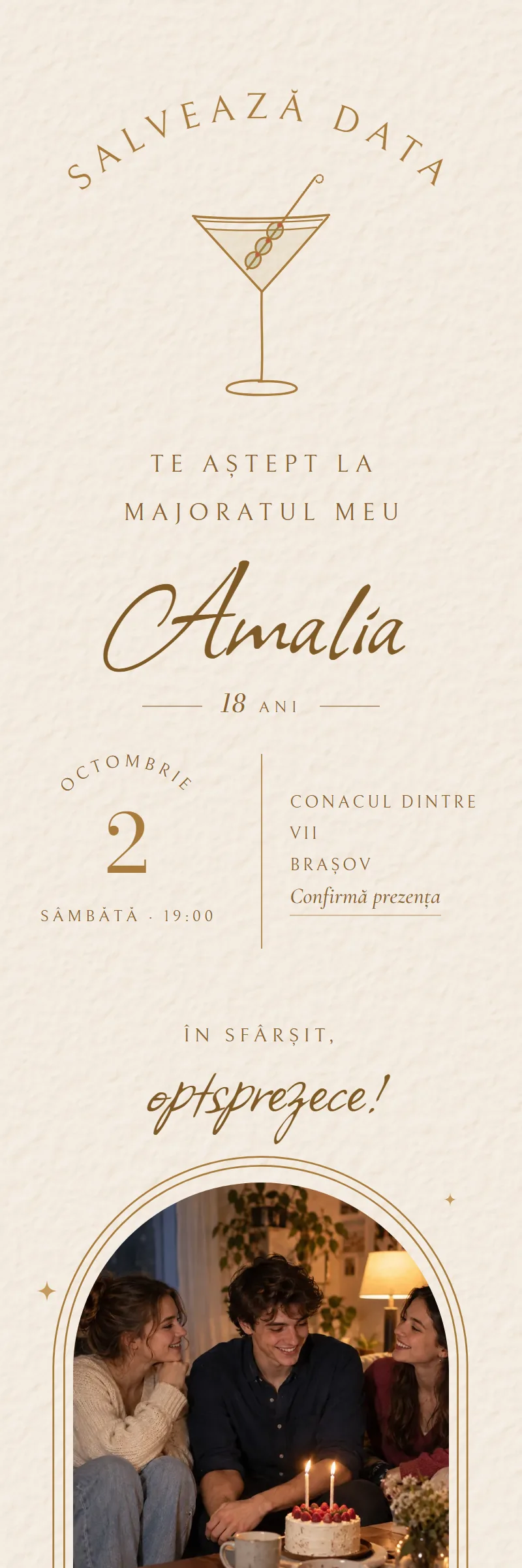 Invitație online de Majorat, modelul Martini cu Măsline