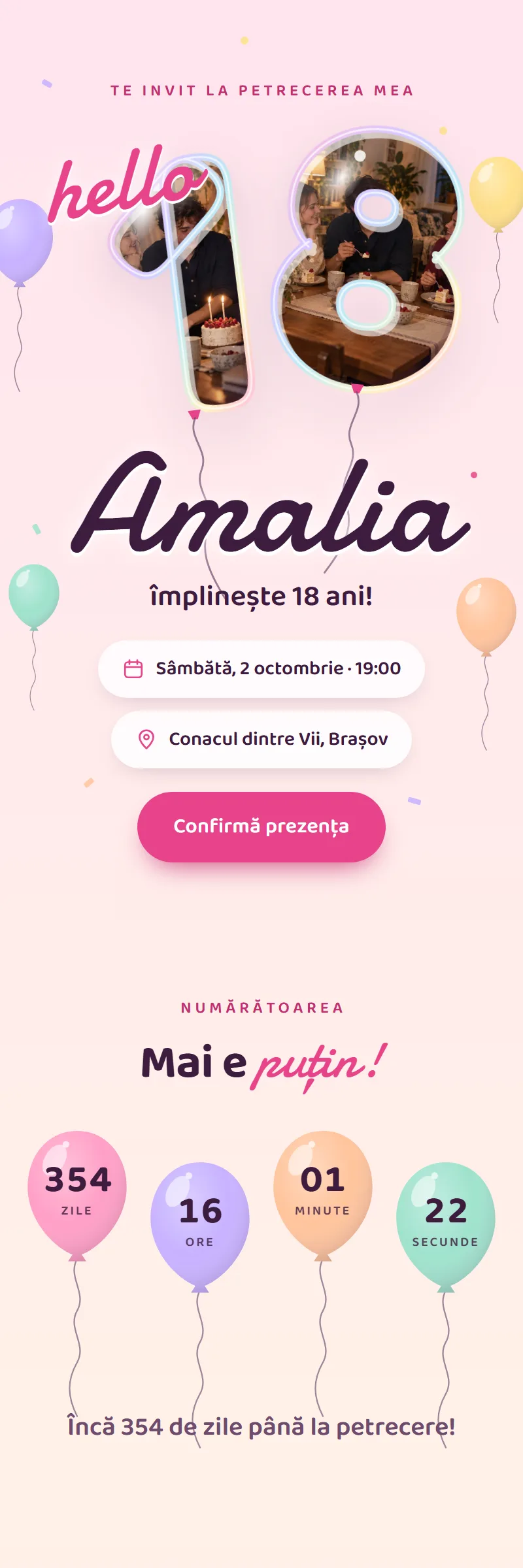 Invitație online de Majorat, modelul Baloane cu Poze