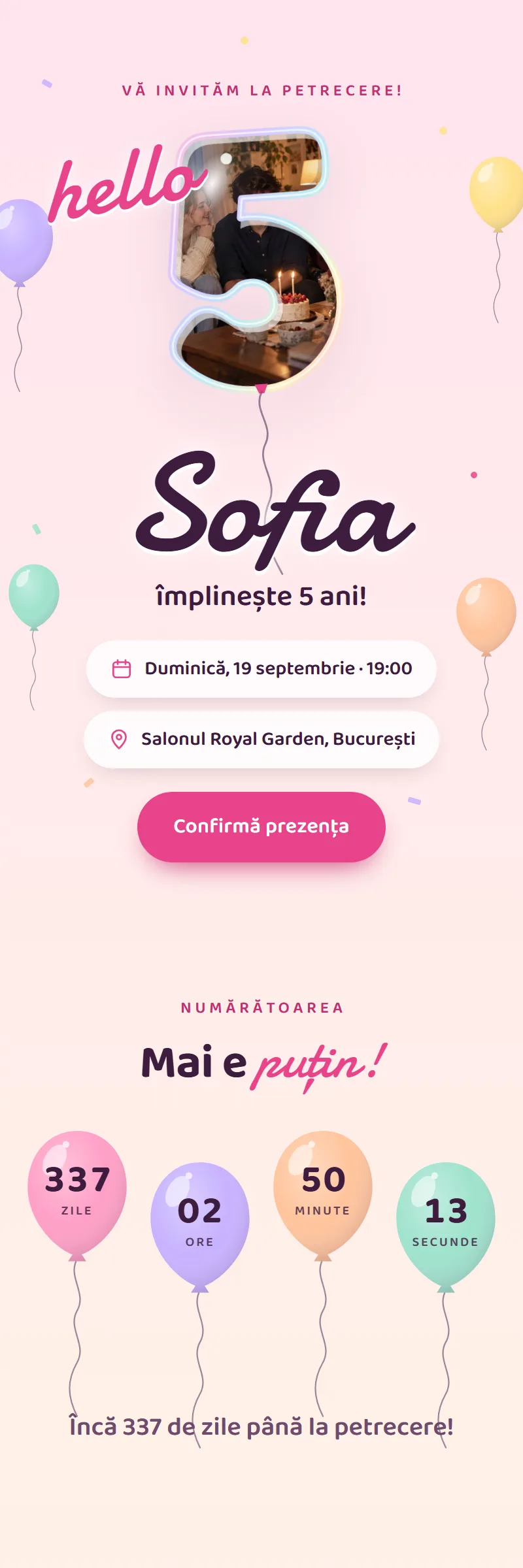 Invitație online de Aniversare pentru copii, modelul Baloane cu Poze
