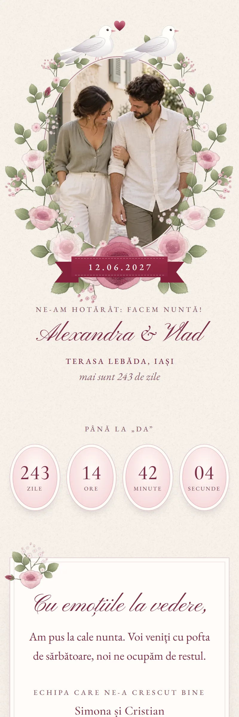 Invitație online de Nuntă, modelul Medalionul cu Trandafiri