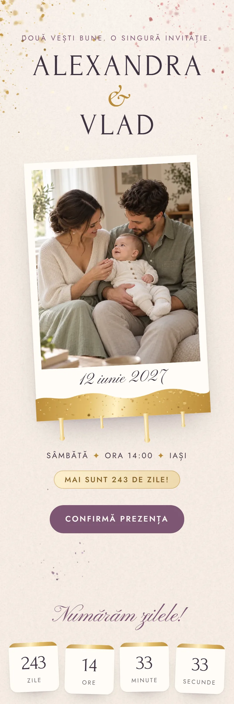 Invitație online de Nuntă & Botez, modelul Polaroidul Aurit