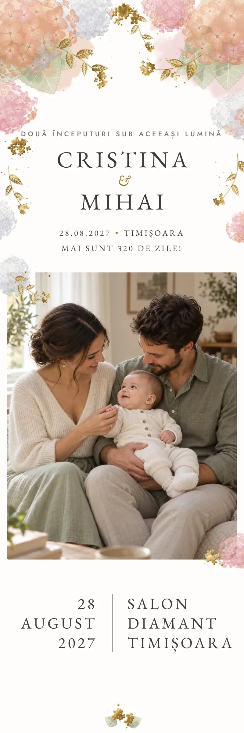 Invitație online de Nuntă & Botez, modelul Coroana de Hortensii