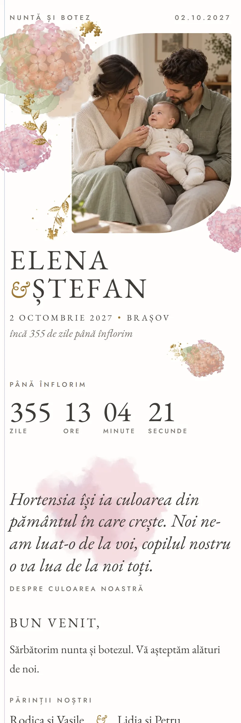 Invitație online de Nuntă & Botez, modelul Hortensia Fermecată